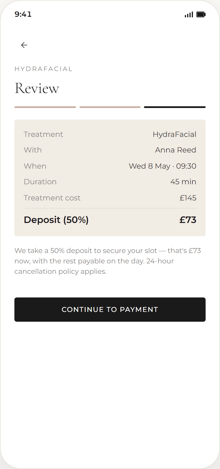 Client phone app — Book & pay deposit