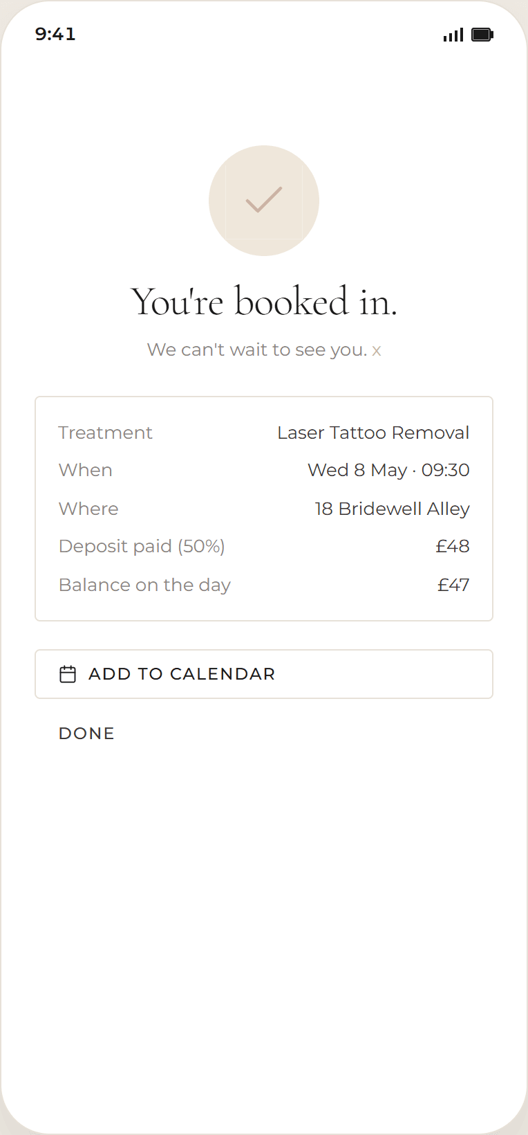 Client phone app — Booking confirmed